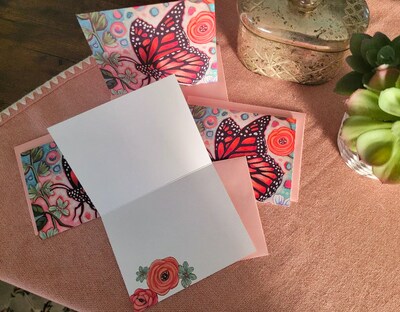 Set Of 4 A2 Taking Flight Monarch Art Blank Note Cards with Matching Envelopes - image2